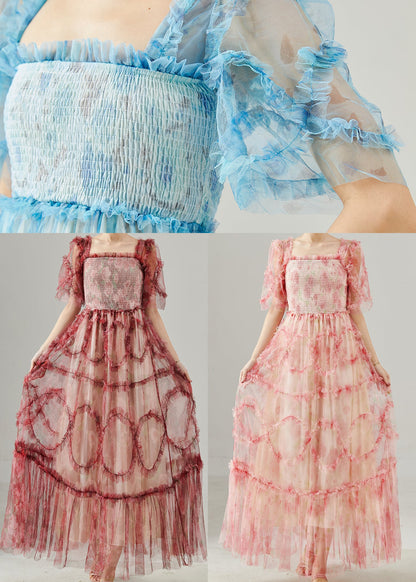 Blue Ruffled Patchwork Tulle Dresses Summer