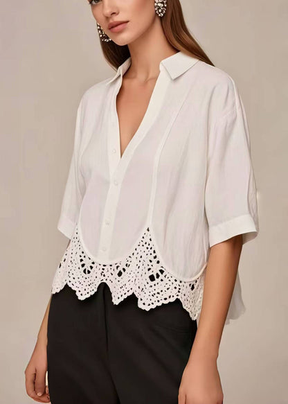 White V Neck Patchwork Lace Short Shirt Summer