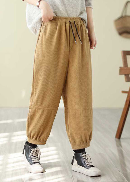 Red Pockets Elastic Waist Corduroy Warm Fleece Pants Spring
