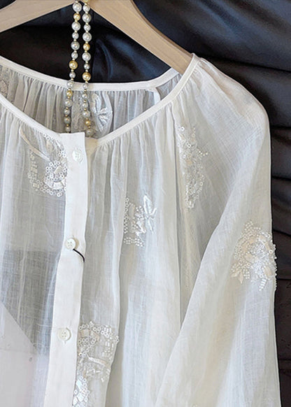 Loose White Embroidered Button Cotton Blouses Fall