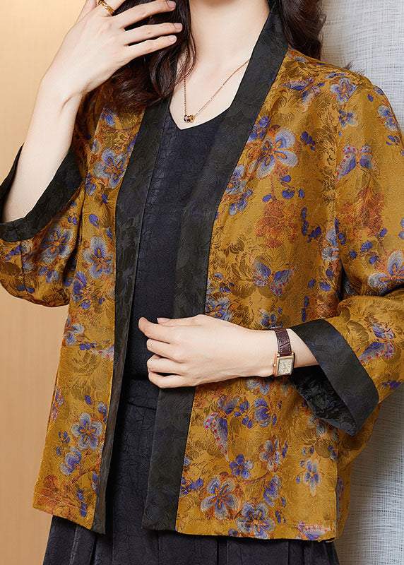 Yellow Print Patchwork Silk Loose Cardigans Bracelet Sleeve