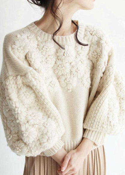 Beige Thick Warm Embroidered Fall Knit Sweaters