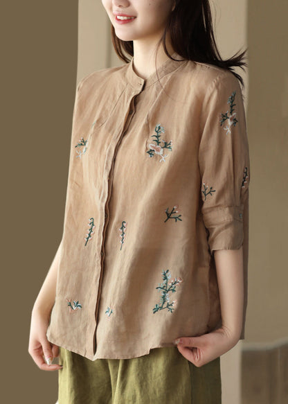Khaki Patchwork Linen Tops Embroidered Stand Collar Button Summer