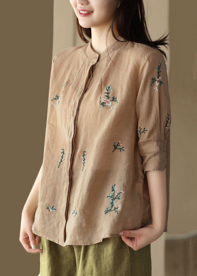 Khaki Patchwork Linen Tops Embroidered Stand Collar Button Summer