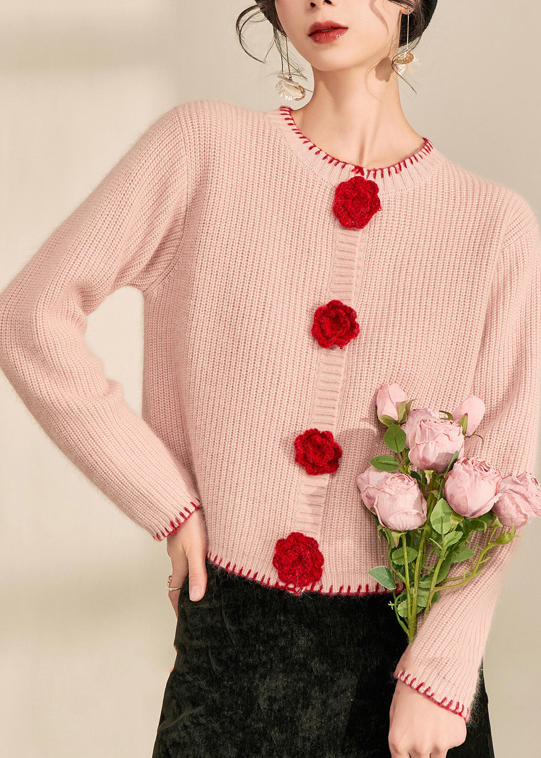 Art Pink Patchwork Button Cotton Knit Cardigan Fall