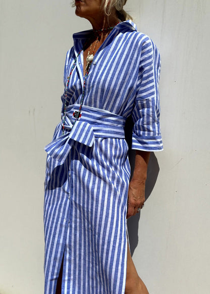 Blue Striped Patchwork Side Open Long Shirts Dress Bracelet Sleeve