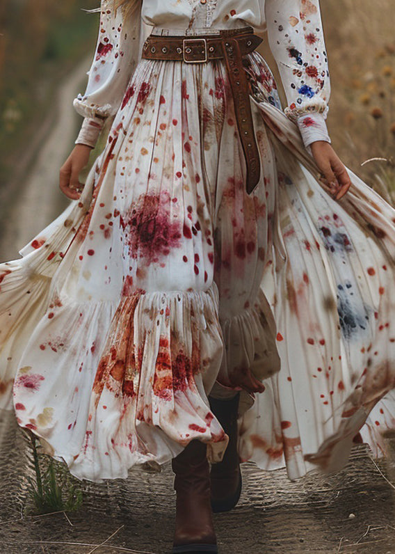 V Neck Print Wrinkled Patchwork Cotton Dresses Long Sleeve
