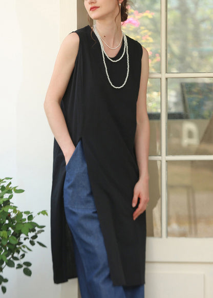Fine Apricot O Neck Side Open Cotton Dress Sleeveless