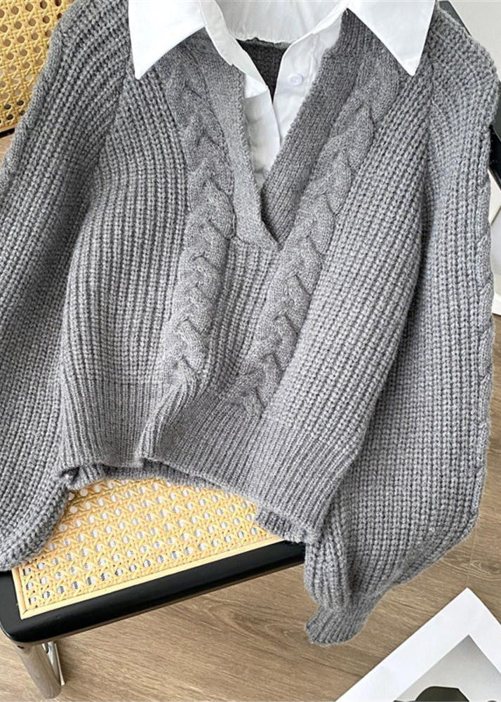 Grey False Two Pieces Patchwork Knit Pullover Spring