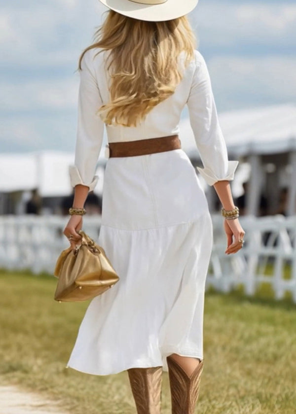 Stylish White Peter Pan Collar Side Open Patchwork Cotton Dress Fall