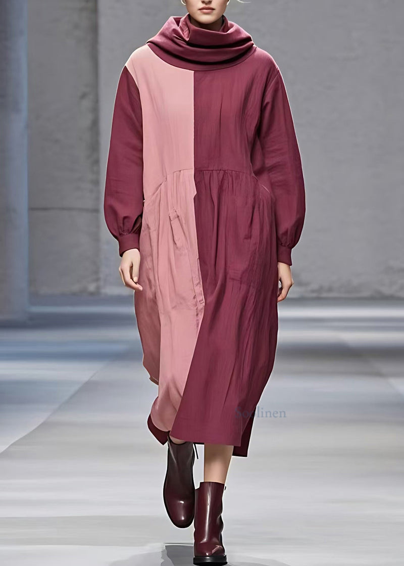 Red Patchwork Wrinkled Maxi Dress Long Sleeve