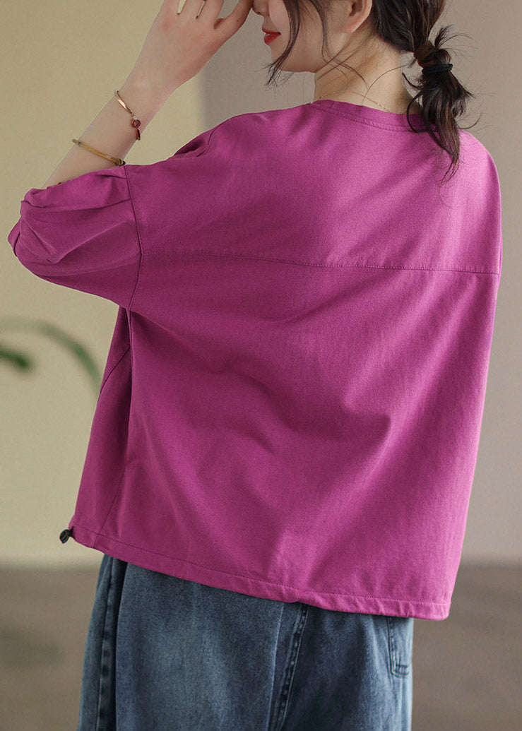 Rose Purple O-neck Pockets T Shirt Half Sleeve
