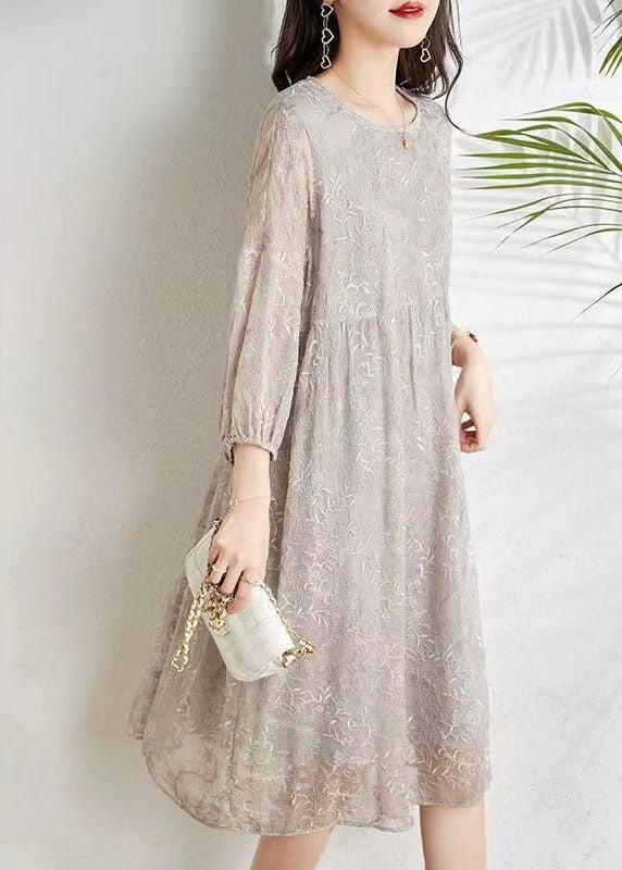 Light Grey Cinched Embroidered Chiffon Vacation Dresses Three Quarter Sleeve