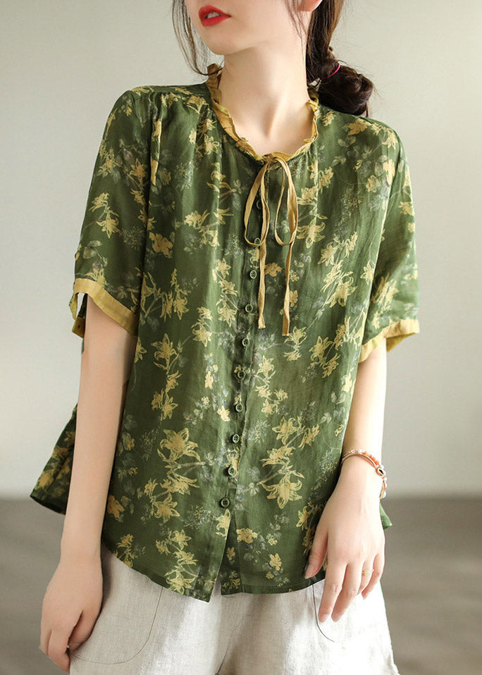 Green Ruffled Print Button Linen Shirt Short Sleeve
