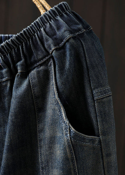 Blue Pockets Elastic Waist Patchwork Denim Harem Pants Spring