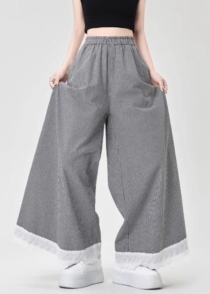French Black Plaid Lace Patchwork Cotton Wide Leg Pants Summer