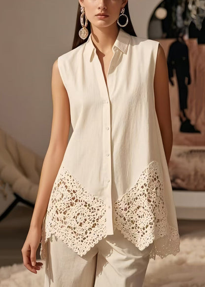White Lace Patchwork Cotton Shirt Tops Sleeveless