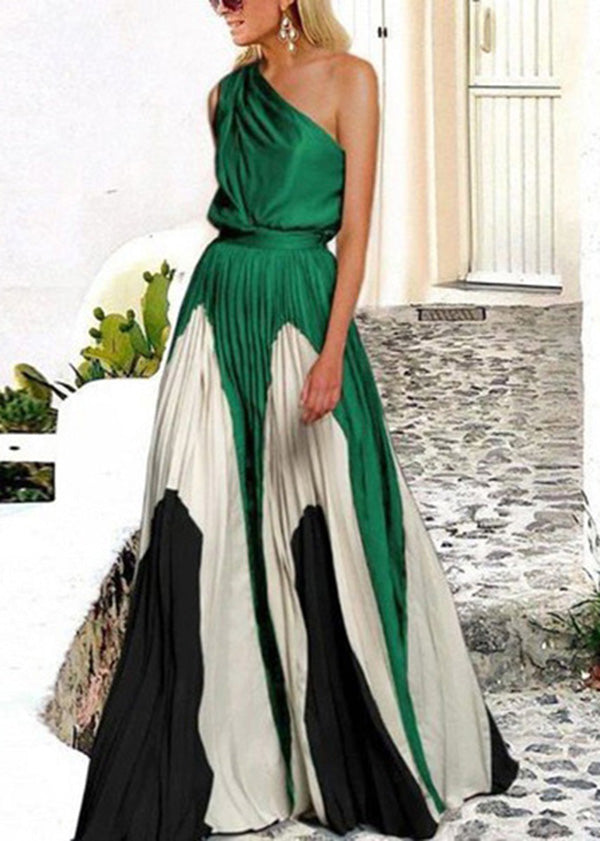 Green One Shoulder Patchwork Cotton Dresses Summer