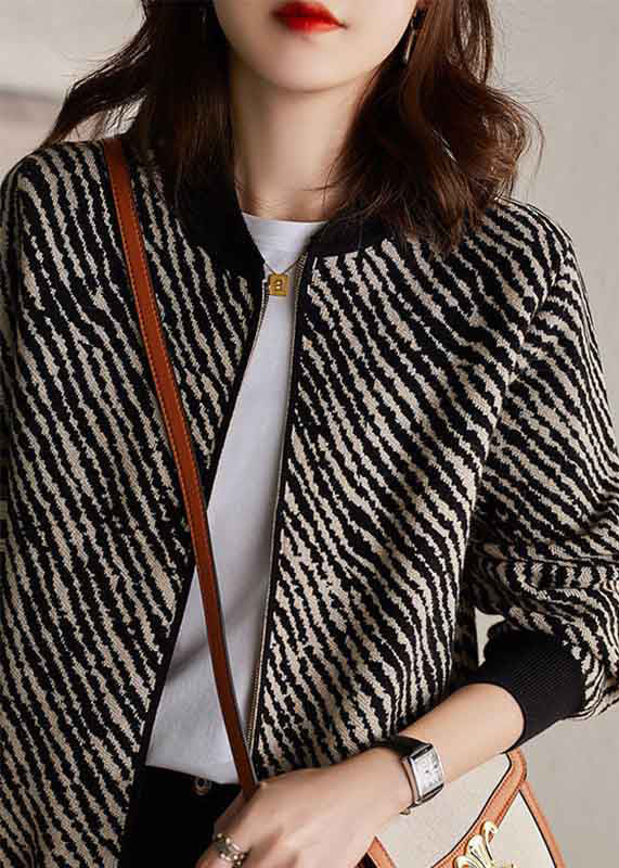 Black O-neck Zippered Striped Knit Coat Long Sleeve