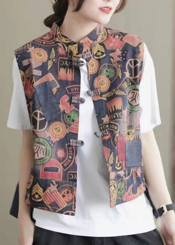 Retro Colour Stand Collar Print Button Low High Design Waistcoat Sleeveless