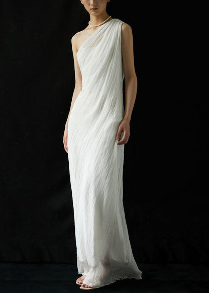 Art White Cold Shoulder Wrinkled Silk Maxi Dress Summer
