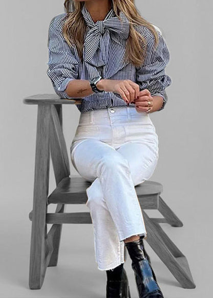 Blue Bow Lace Up Striped Cotton Blouses Summer