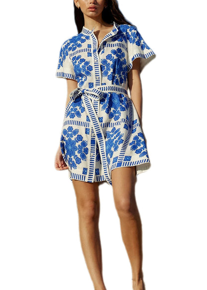 Blue Stand Collar Print Lace Up Cotton Mid Dress Summer