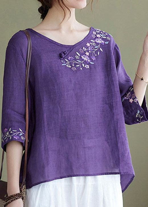 Diy Purple Embroideried Side Open Half Sleeve Top