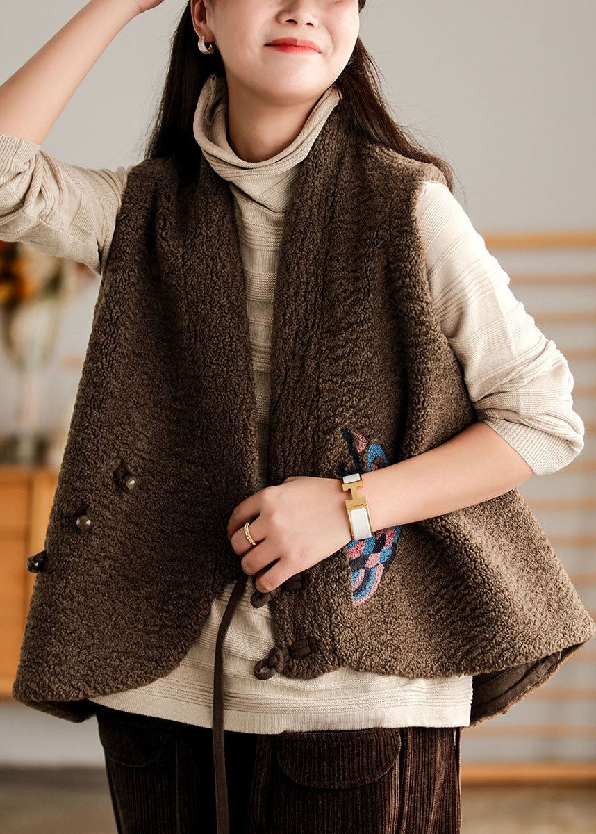 Diy Chocolate Embroidered Asymmetrical Design Faux Fur Vest Sleeveless