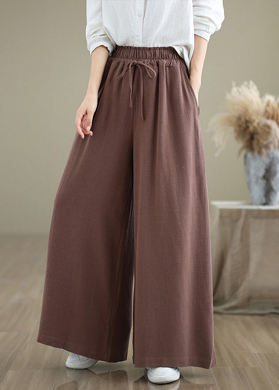 Coffee Pockets Drawstring Cotton Wide Leg Pants Fall