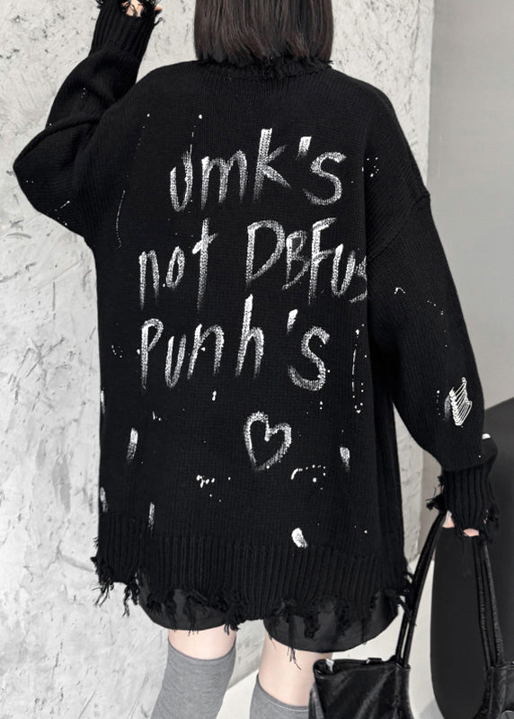 Black Graphic Hole Thick Cotton Knit Sweater Fall