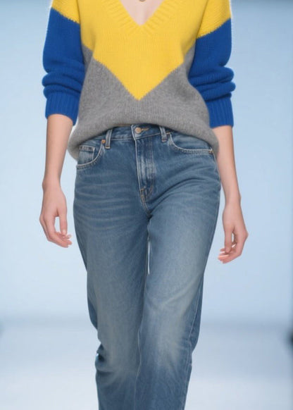 Colorblock V Neck Patchwork Warm Sweater Tops Winter