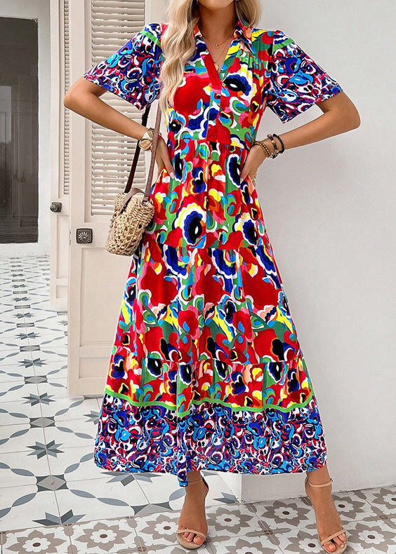 Green Peter Pan Collar Print Cotton Long Dress Summer