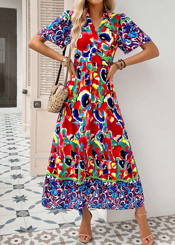 Green Peter Pan Collar Print Cotton Long Dress Summer
