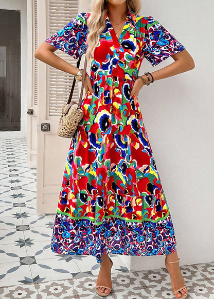 Green Peter Pan Collar Print Cotton Long Dress Summer