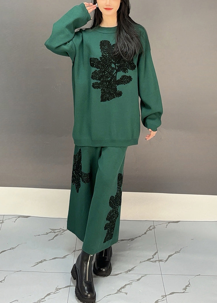 Blackish Green Sweatshirt and Wide Leg Pants Cotton Two Piece Set Embroidered Fall