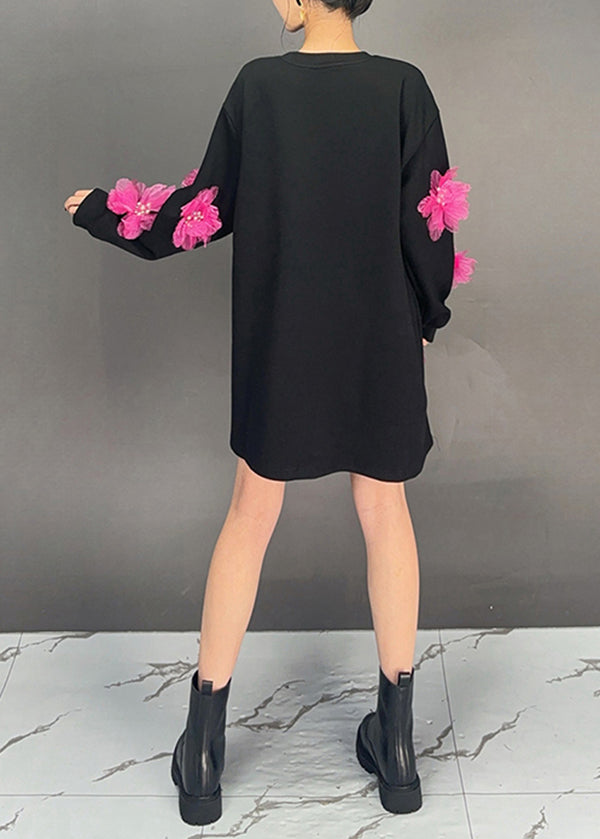 Stylish Black O Neck Decorated Cotton Pullover Top Fall