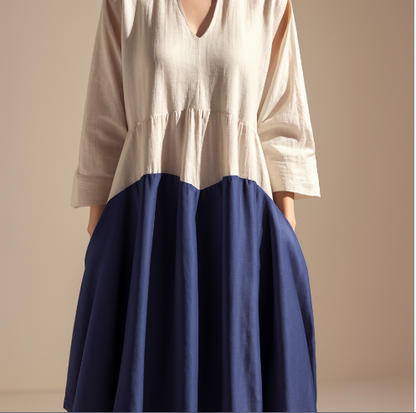 Two Tone Linen Loose Dress Summer