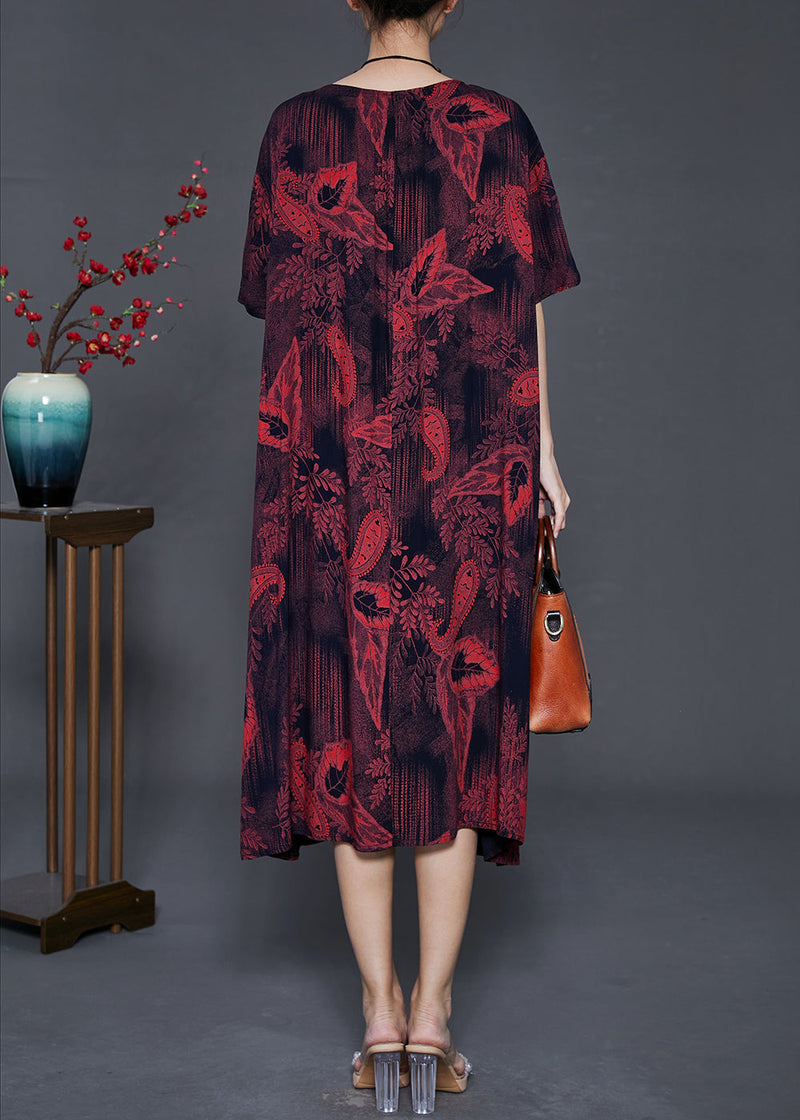 Classy Dull Red Print Pockets Cotton Long Dress Summer