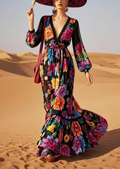 Style Black V Neck Print Cotton Vestidos Dress Spring
