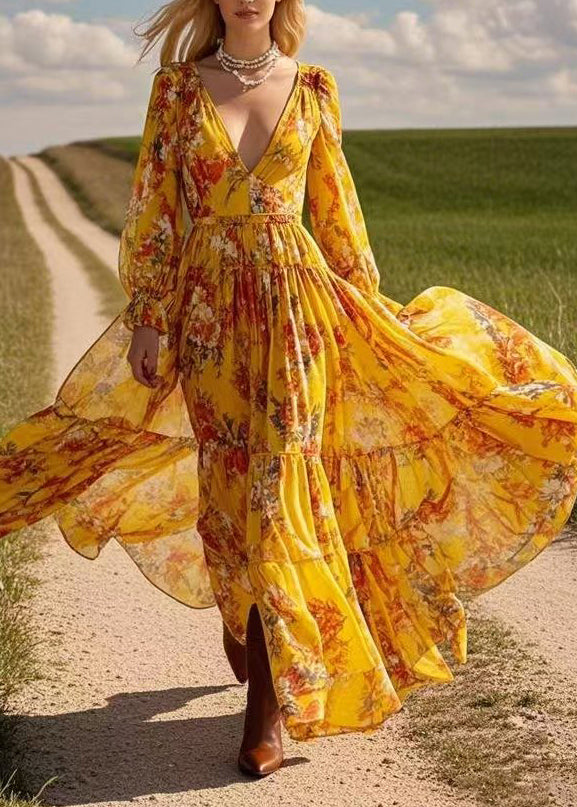 Yellow Patchwork Wrinkled Chiffon Maxi Dress Spring