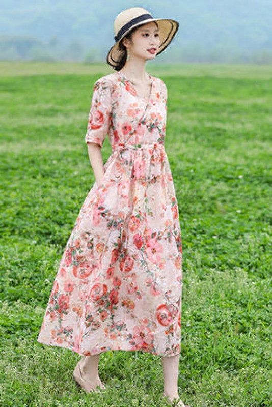 -summer Loose Ramie Maxi Dress Printed Short Sleeve Dress