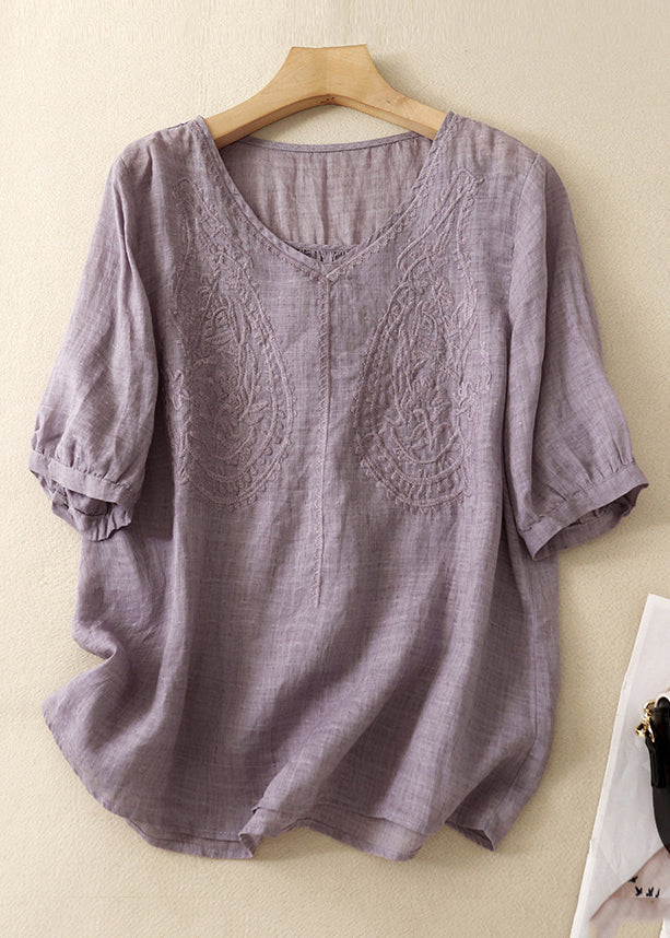 Purple V Neck Embroidered Linen T Shirt Summer