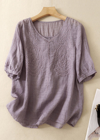 Purple V Neck Embroidered Linen T Shirt Summer