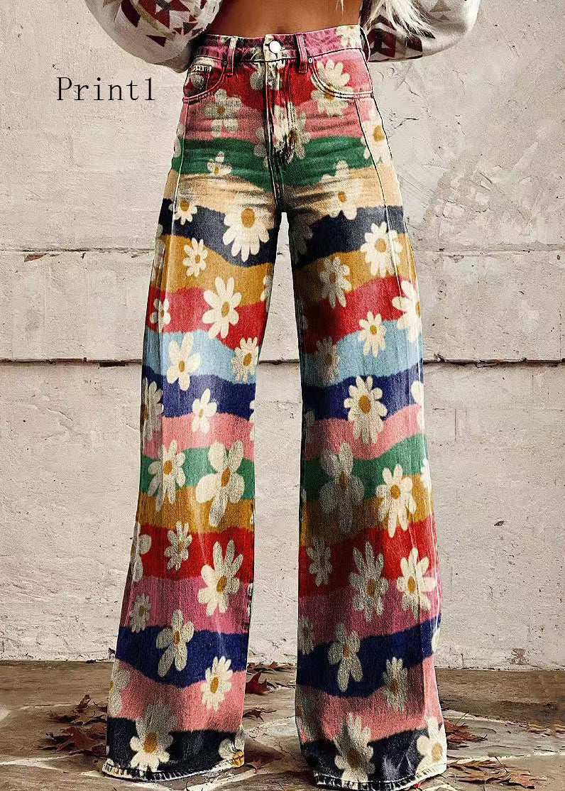 Loose Print High Waist Pockets Denim Pants Spring