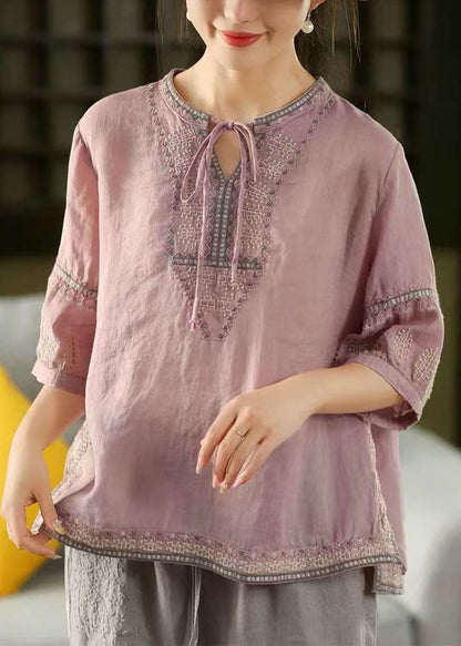 Purple Embroidered Linen Shirt Top Summer