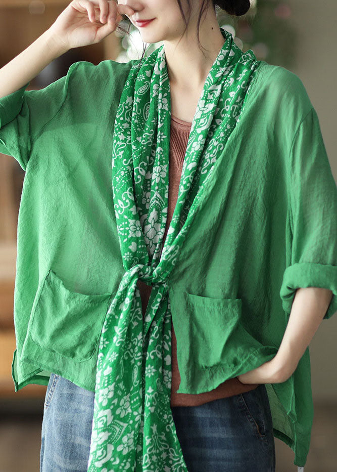 Simple Green Asymmetrical Design Linen Upf 50+ Coat Long Sleeve