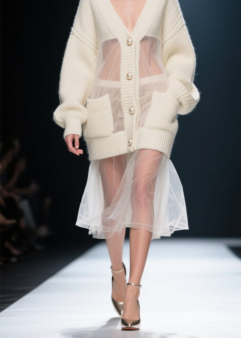 Beige V Neck Tulle Patchwork Knit Cardigans Fall