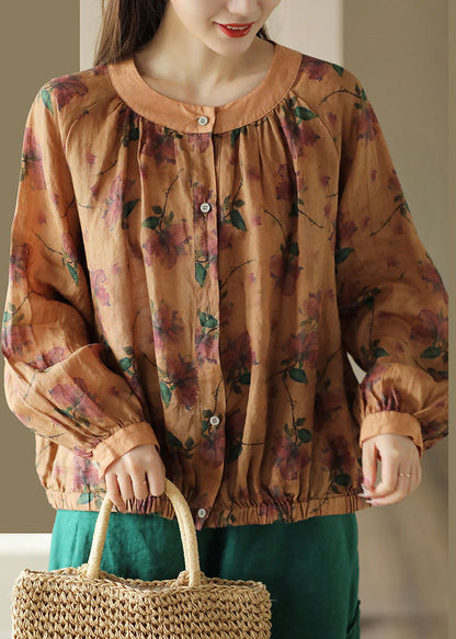 Orange O Neck Wrinkled Print Patchwork Linen Shirt Tops Spring