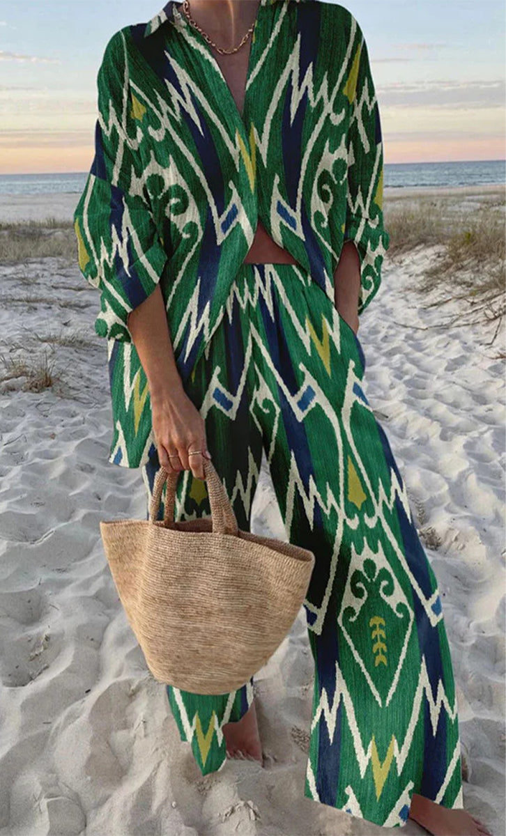 College Geometric Print Contrast Turndown Collar Long Sleeve Two Pieces